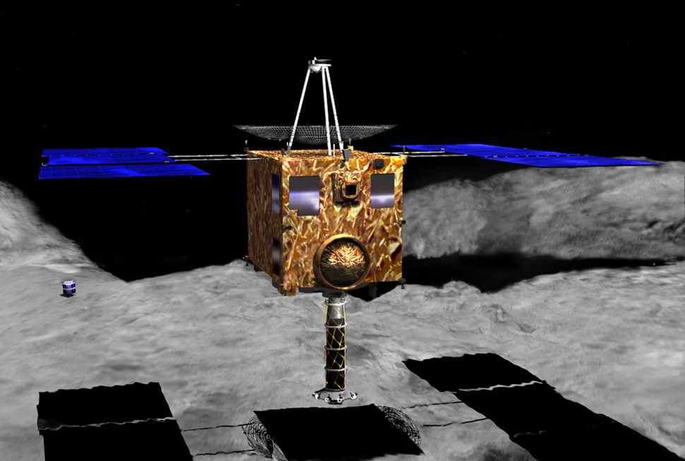 Художественное изображение Hayabusa, собирающей образец поверхности.